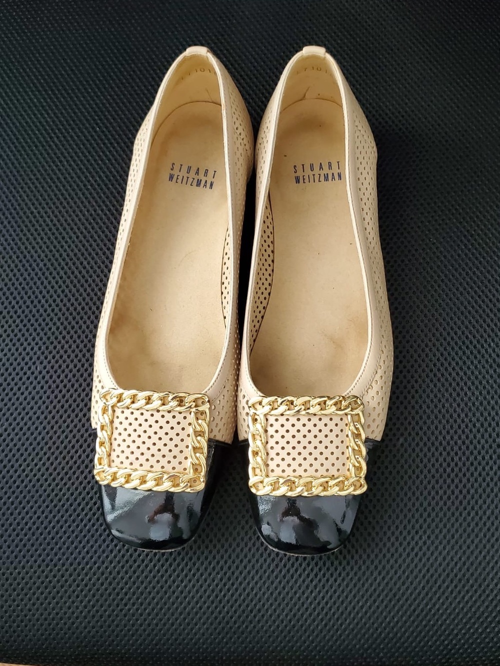 Stuart Weitzman Beige Flats with Black Patent Toe and Gold Chain Accent
